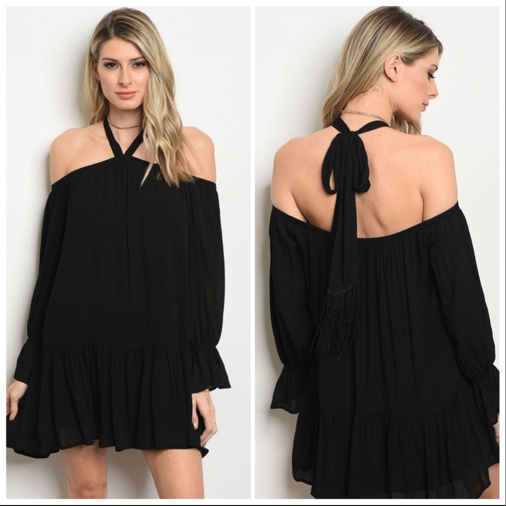 SALE! Black Off the Shoulder Tie Neck Dress
